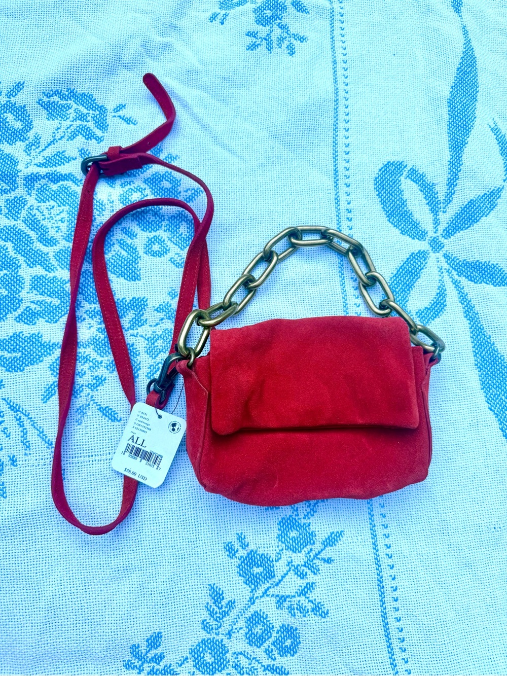 Free People Charlie Red Suede Mini Bag with Chunky Chain
